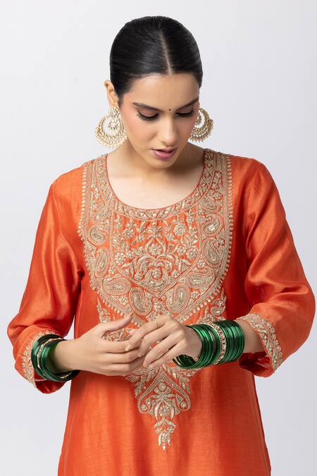 Buy Pants And Pajamas Orange , Cotton, Organza Embroidery, Sequins Round Yoke Kurta Pant Set Online at Aza Fashions Buy_Pants And Pajamas_Orange , Cotton, Organza Embroidery, Sequins Round Yoke Kurta Pant Set _Online_at_Aza_Fashions