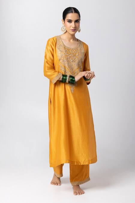 Pants And Pajamas Yellow Silk, Chanderi, Cotton, Voile Embroidery, Paisley Yoke Kurta Pant Set Online at Aza Fashions Pants And Pajamas_Yellow Silk, Chanderi, Cotton, Voile Embroidery, Paisley Yoke Kurta Pant Set _Online_at_Aza_Fashions