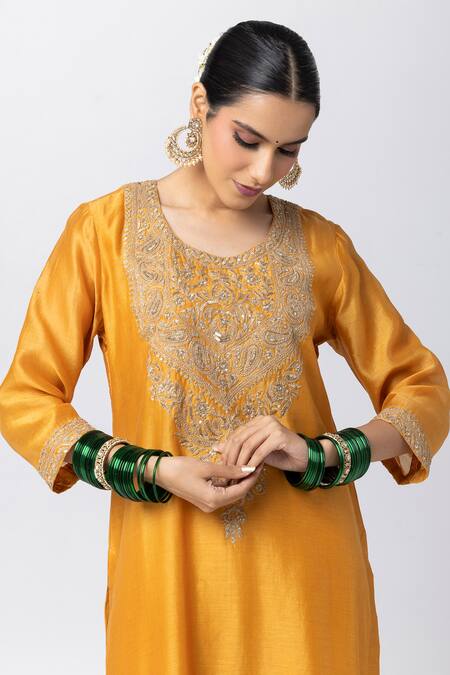 Buy Pants And Pajamas Yellow Silk, Chanderi, Cotton, Voile Embroidery, Paisley Yoke Kurta Pant Set Online at Aza Fashions Buy_Pants And Pajamas_Yellow Silk, Chanderi, Cotton, Voile Embroidery, Paisley Yoke Kurta Pant Set _Online_at_Aza_Fashions