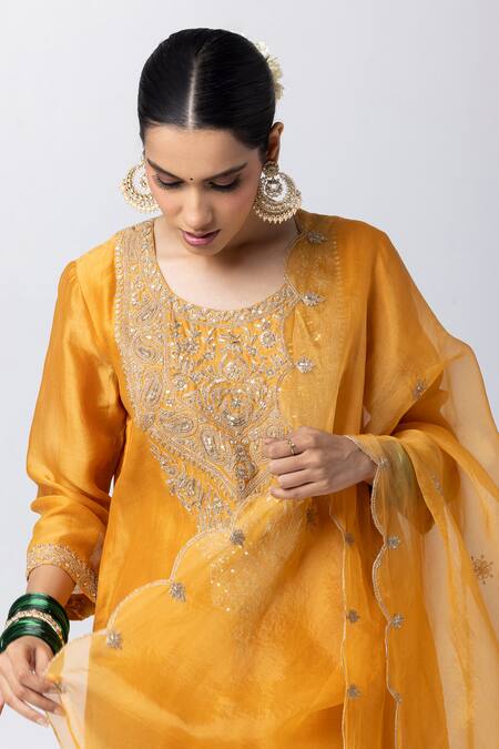 Shop Pants And Pajamas Yellow Silk, Chanderi, Cotton, Voile Embroidery, Paisley Yoke Kurta Pant Set Online at Aza Fashions Shop_Pants And Pajamas_Yellow Silk, Chanderi, Cotton, Voile Embroidery, Paisley Yoke Kurta Pant Set _Online_at_Aza_Fashions