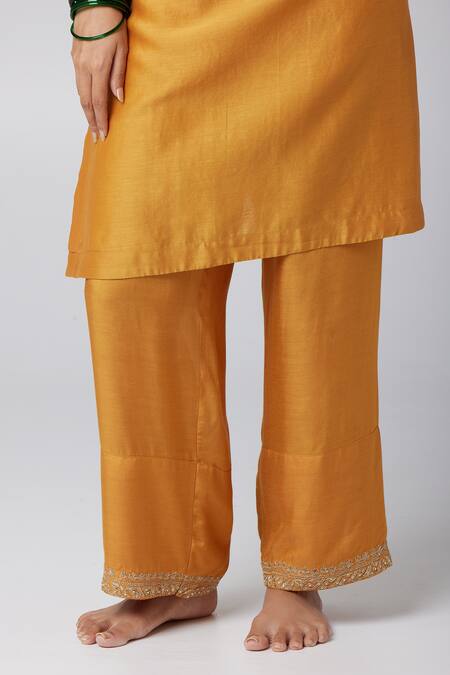 Pants And Pajamas Yellow Silk, Chanderi, Cotton, Voile Embroidery, Paisley Yoke Kurta Pant Set at Aza Fashions Pants And Pajamas_Yellow Silk, Chanderi, Cotton, Voile Embroidery, Paisley Yoke Kurta Pant Set _at_Aza_Fashions
