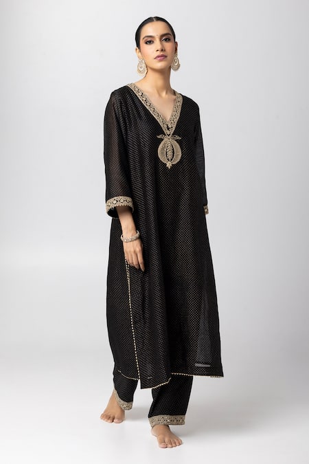 Pants And Pajamas_Black Silk, Chanderi, Cotton Sequins, Embroidery, Lace Polka Dot Kurta Pant Set _Online_at_Aza_Fashions