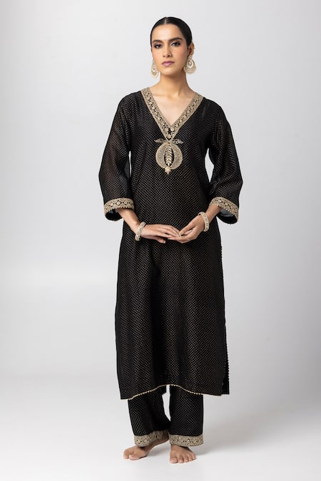 Buy_Pants And Pajamas_Black Silk, Chanderi, Cotton Sequins, Embroidery, Lace Polka Dot Kurta Pant Set _Online_at_Aza_Fashions