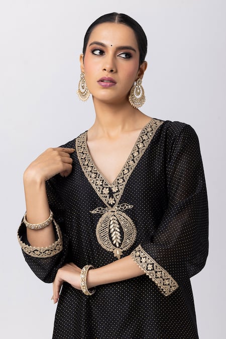 Shop_Pants And Pajamas_Black Silk, Chanderi, Cotton Sequins, Embroidery, Lace Polka Dot Kurta Pant Set _Online_at_Aza_Fashions