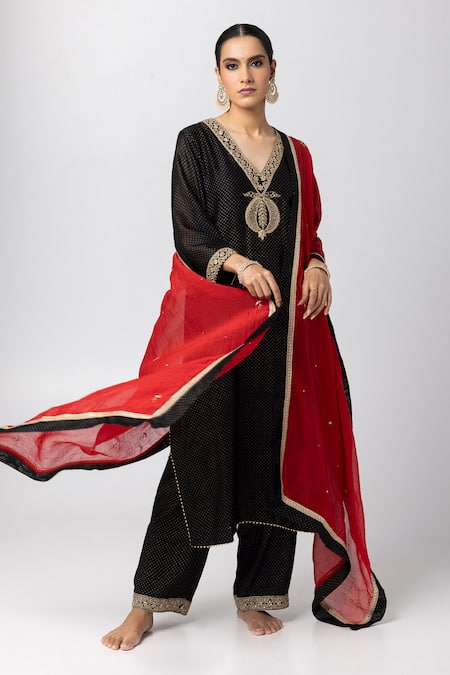 Pants And Pajamas_Black Silk, Chanderi, Cotton Sequins, Embroidery, Lace Polka Dot Kurta Pant Set _at_Aza_Fashions