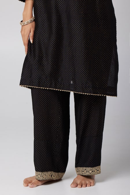 Buy_Pants And Pajamas_Black Silk, Chanderi, Cotton Sequins, Embroidery, Lace Polka Dot Kurta Pant Set 