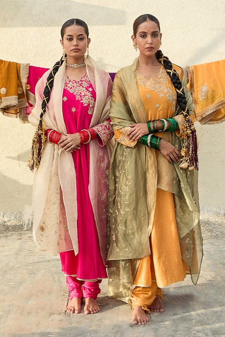 Pants And Pajamas_Pink Silk Organza, Voile, Chanderi Floral Cutwork Angarkha Anarkali Set _Online_at_Aza_Fashions