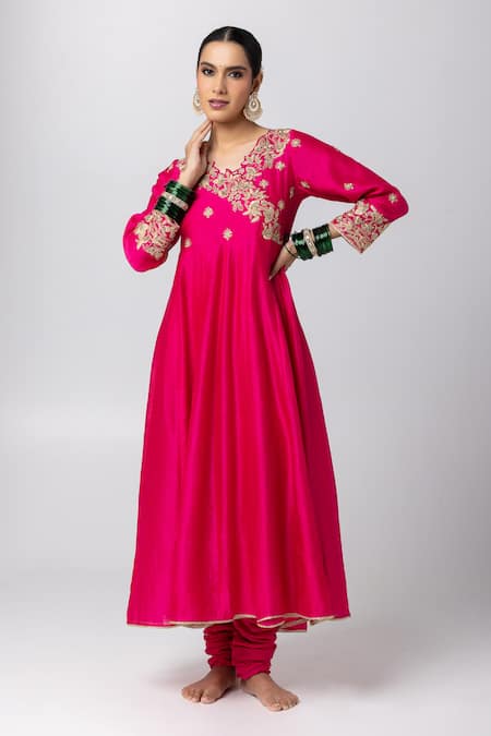 Buy_Pants And Pajamas_Pink Silk Organza, Voile, Chanderi Floral Cutwork Angarkha Anarkali Set _Online_at_Aza_Fashions