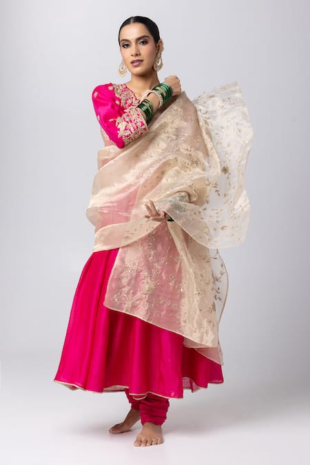 Shop_Pants And Pajamas_Pink Silk Organza, Voile, Chanderi Floral Cutwork Angarkha Anarkali Set _Online_at_Aza_Fashions
