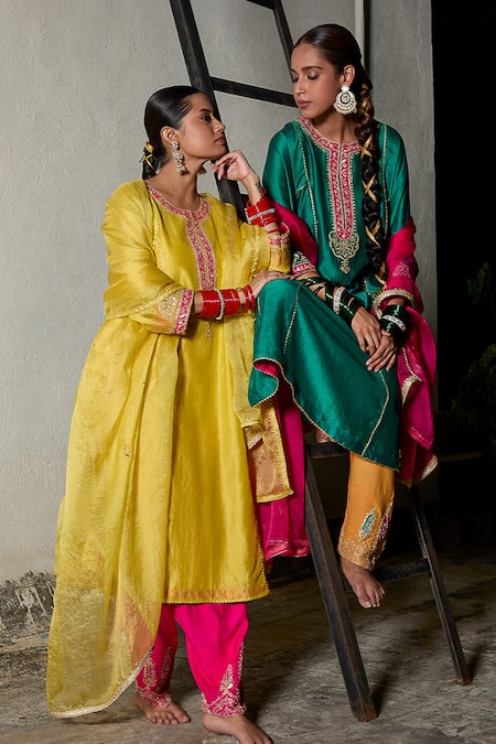 Buy_Pants And Pajamas_Green , Chanderi, Cotton, Organza Floral Patchwork Kurta Salwar Set _Online_at_Aza_Fashions