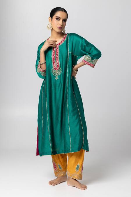 Pants And Pajamas_Green , Chanderi, Cotton, Organza Floral Patchwork Kurta Salwar Set _at_Aza_Fashions