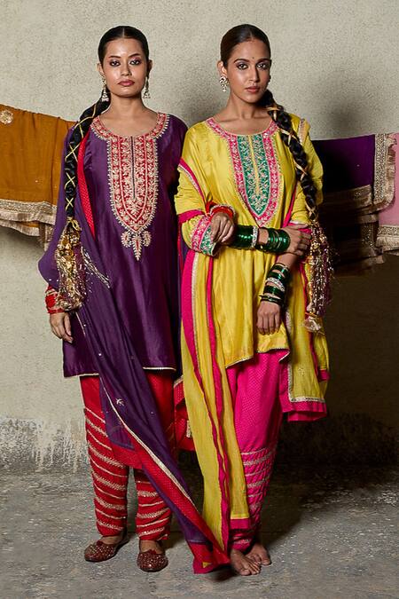 Pants And Pajamas_Yellow Silk, Cotton, Chanderi Sequins, Embroidery Round Patchwork Kurta Pant Set _Online_at_Aza_Fashions