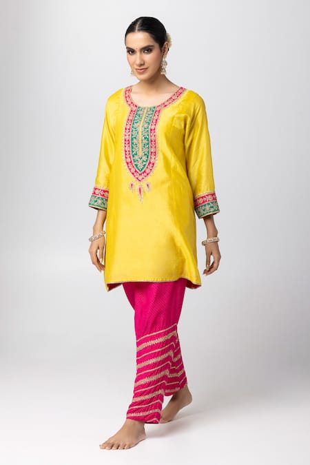 Buy_Pants And Pajamas_Yellow Silk, Cotton, Chanderi Sequins, Embroidery Round Patchwork Kurta Pant Set _Online_at_Aza_Fashions