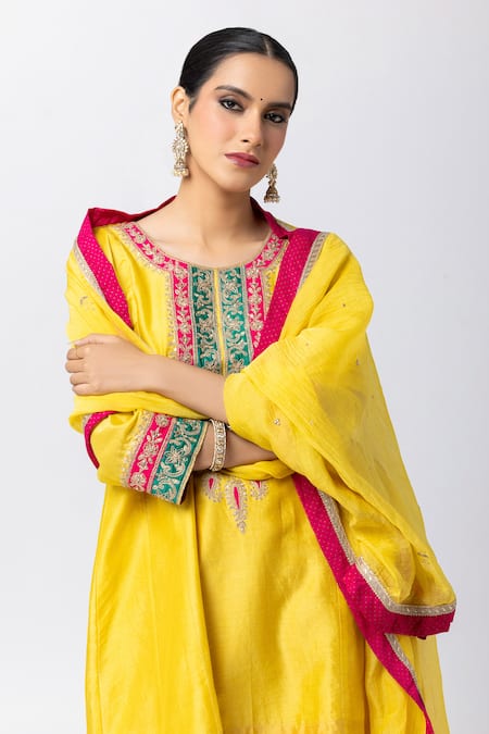 Shop_Pants And Pajamas_Yellow Silk, Cotton, Chanderi Sequins, Embroidery Round Patchwork Kurta Pant Set _Online_at_Aza_Fashions