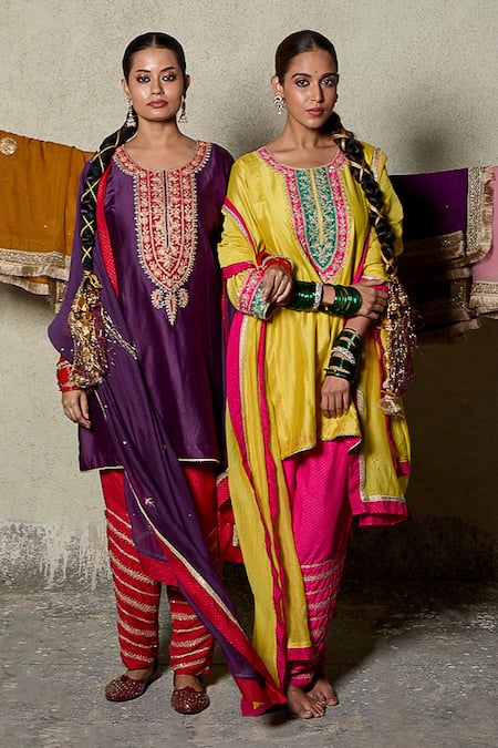 Pants And Pajamas_Purple Silk, Chanderi, Cotton Sequins, Embroidery Round Patchwork Kurta Pant Set _Online_at_Aza_Fashions