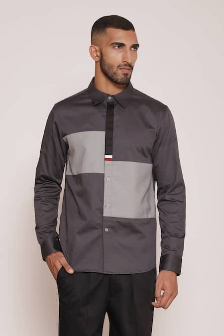 Buy Lacquer Embassy Gray Cotton Cut And Sew Colorblock Button Down Shirt Online at Aza Fashions Buy_Lacquer Embassy_Gray Cotton Cut And Sew Colorblock Button Down Shirt _Online_at_Aza_Fashions