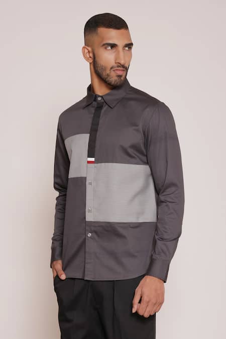 Shop Lacquer Embassy Gray Cotton Cut And Sew Colorblock Button Down Shirt Online at Aza Fashions Shop_Lacquer Embassy_Gray Cotton Cut And Sew Colorblock Button Down Shirt _Online_at_Aza_Fashions