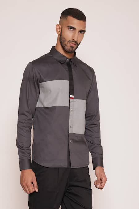 Lacquer Embassy Gray Cotton Cut And Sew Colorblock Button Down Shirt at Aza Fashions Lacquer Embassy_Gray Cotton Cut And Sew Colorblock Button Down Shirt _at_Aza_Fashions