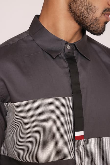 Buy Lacquer Embassy Gray Cotton Cut And Sew Colorblock Button Down Shirt Buy_Lacquer Embassy_Gray Cotton Cut And Sew Colorblock Button Down Shirt