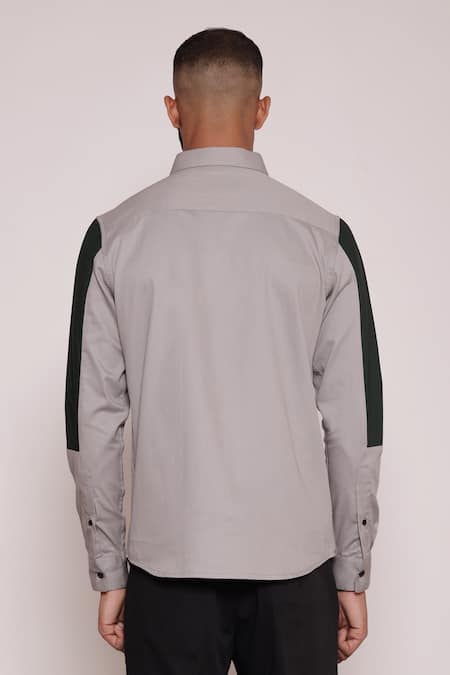 Shop Lacquer Embassy Gray Cotton Color Blocked Cut And Sew Button Down Shirt at Aza Fashions Shop_Lacquer Embassy_Gray Cotton Color Blocked Cut And Sew Button Down Shirt _at_Aza_Fashions