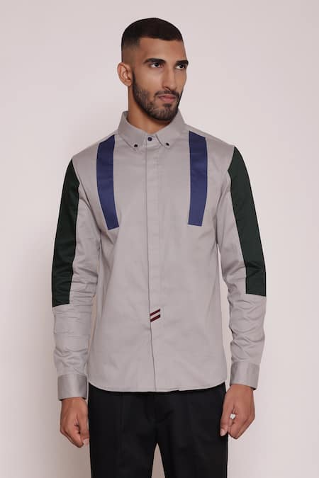 Lacquer Embassy Gray Cotton Color Blocked Cut And Sew Button Down Shirt Online at Aza Fashions Lacquer Embassy_Gray Cotton Color Blocked Cut And Sew Button Down Shirt _Online_at_Aza_Fashions