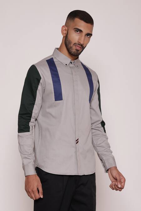 Buy Lacquer Embassy Gray Cotton Color Blocked Cut And Sew Button Down Shirt Online at Aza Fashions Buy_Lacquer Embassy_Gray Cotton Color Blocked Cut And Sew Button Down Shirt _Online_at_Aza_Fashions
