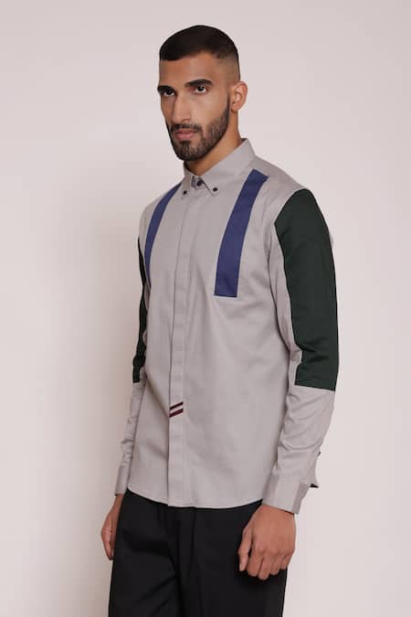 Shop Lacquer Embassy Gray Cotton Color Blocked Cut And Sew Button Down Shirt Online at Aza Fashions Shop_Lacquer Embassy_Gray Cotton Color Blocked Cut And Sew Button Down Shirt _Online_at_Aza_Fashions