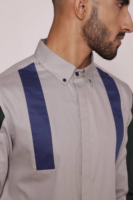 Lacquer Embassy Gray Cotton Color Blocked Cut And Sew Button Down Shirt at Aza Fashions Lacquer Embassy_Gray Cotton Color Blocked Cut And Sew Button Down Shirt _at_Aza_Fashions