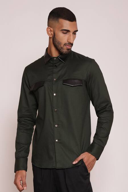 Shop_Lacquer Embassy_Green Textured Cotton Ember Flap Pocket Shirt _Online_at_Aza_Fashions
