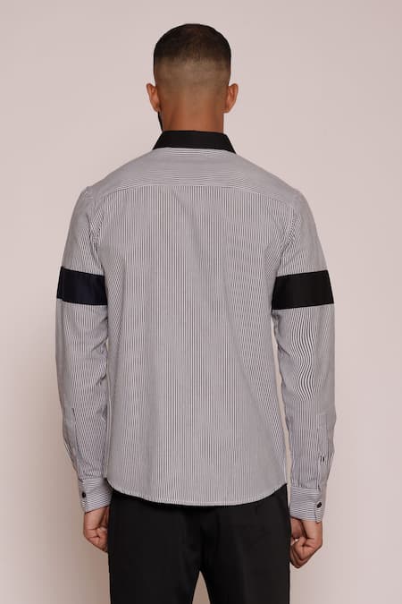 Shop Lacquer Embassy Black Cotton Striped Color Blocked Collared Shirt at Aza Fashions Shop_Lacquer Embassy_Black Cotton Striped Color Blocked Collared Shirt _at_Aza_Fashions