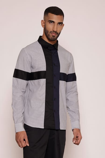 Lacquer Embassy Black Cotton Striped Color Blocked Collared Shirt Online at Aza Fashions Lacquer Embassy_Black Cotton Striped Color Blocked Collared Shirt _Online_at_Aza_Fashions