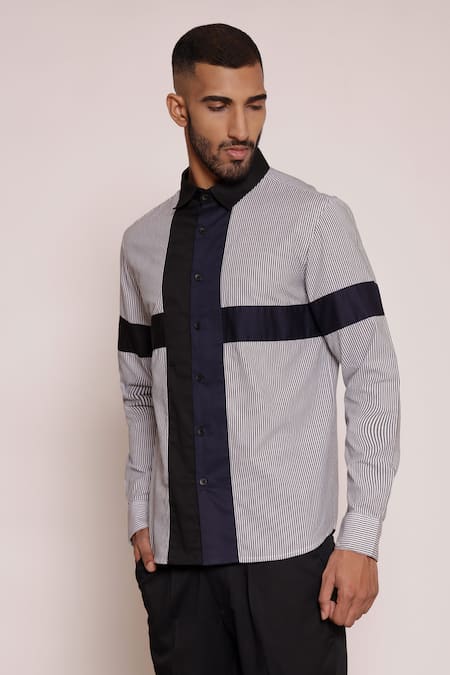 Buy Lacquer Embassy Black Cotton Striped Color Blocked Collared Shirt Online at Aza Fashions Buy_Lacquer Embassy_Black Cotton Striped Color Blocked Collared Shirt _Online_at_Aza_Fashions