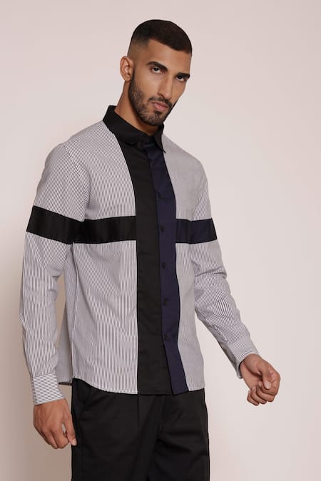 Shop Lacquer Embassy Black Cotton Striped Color Blocked Collared Shirt Online at Aza Fashions Shop_Lacquer Embassy_Black Cotton Striped Color Blocked Collared Shirt _Online_at_Aza_Fashions