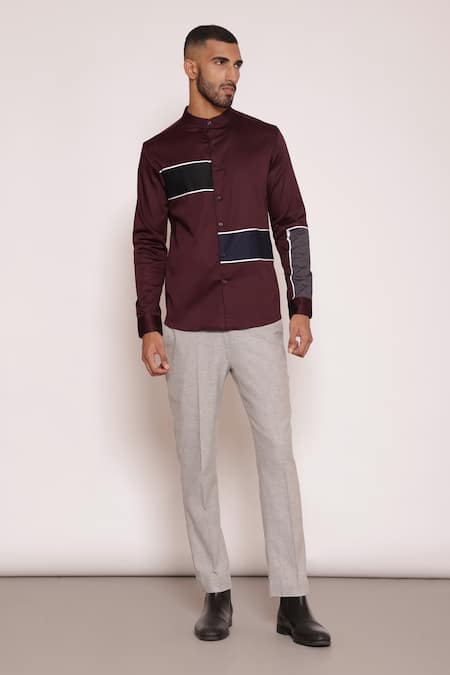 Lacquer Embassy Maroon Cotton Satin Bord Color Blocked Striped Shirt 