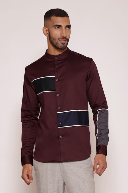 Lacquer Embassy_Maroon Cotton Satin Piping Color Blocked Striped Band Collar Shirt _Online_at_Aza_Fashions