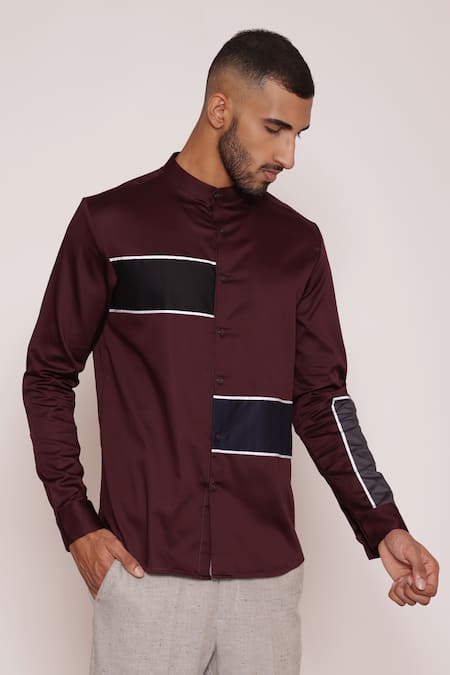 Buy_Lacquer Embassy_Maroon Cotton Satin Piping Color Blocked Striped Band Collar Shirt _Online_at_Aza_Fashions