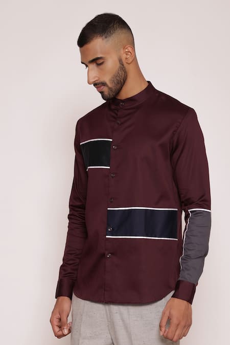 Shop_Lacquer Embassy_Maroon Cotton Satin Piping Color Blocked Striped Band Collar Shirt _Online_at_Aza_Fashions