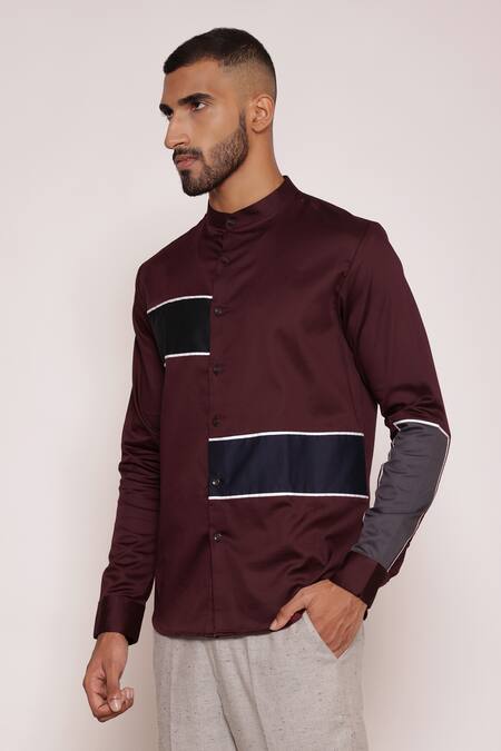 Lacquer Embassy_Maroon Cotton Satin Piping Color Blocked Striped Band Collar Shirt _at_Aza_Fashions
