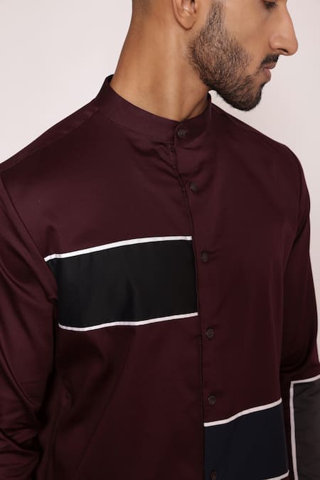 Buy_Lacquer Embassy_Maroon Cotton Satin Piping Color Blocked Striped Band Collar Shirt 