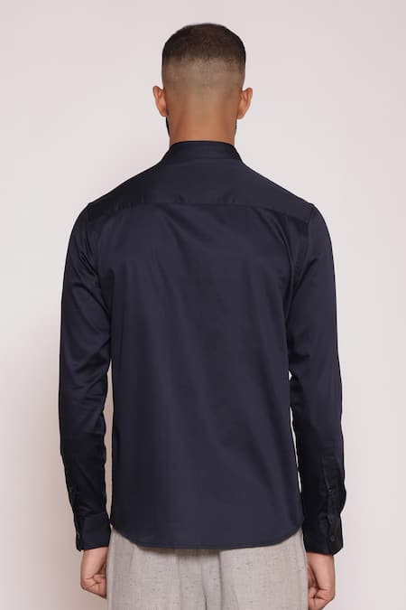 Shop Lacquer Embassy Navy Cotton Satin Embroidery Color Blocked Placket Band Collar Shirt at Aza Fashions Shop_Lacquer Embassy_Navy Cotton Satin Embroidery Color Blocked Placket Band Collar Shirt _at_Aza_Fashions