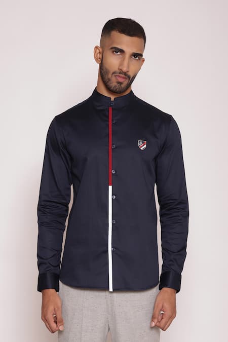 Lacquer Embassy Navy Cotton Satin Embroidery Color Blocked Placket Band Collar Shirt Online at Aza Fashions Lacquer Embassy_Navy Cotton Satin Embroidery Color Blocked Placket Band Collar Shirt _Online_at_Aza_Fashions