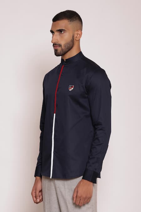Buy Lacquer Embassy Navy Cotton Satin Embroidery Color Blocked Placket Band Collar Shirt Online at Aza Fashions Buy_Lacquer Embassy_Navy Cotton Satin Embroidery Color Blocked Placket Band Collar Shirt _Online_at_Aza_Fashions