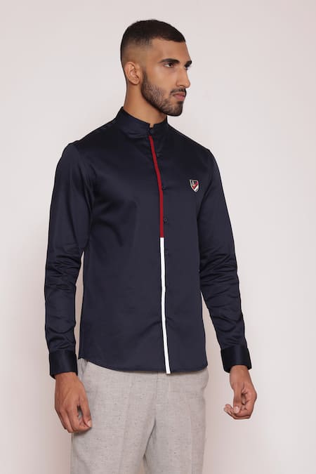 Shop Lacquer Embassy Navy Cotton Satin Embroidery Color Blocked Placket Band Collar Shirt Online at Aza Fashions Shop_Lacquer Embassy_Navy Cotton Satin Embroidery Color Blocked Placket Band Collar Shirt _Online_at_Aza_Fashions