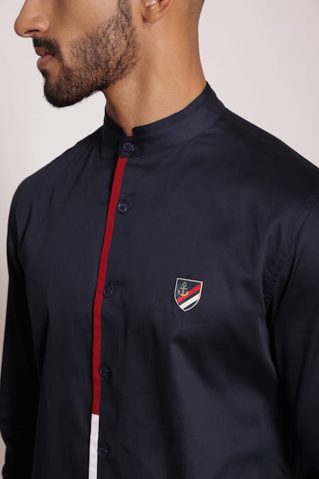 Lacquer Embassy Navy Cotton Satin Embroidery Color Blocked Placket Band Collar Shirt at Aza Fashions Lacquer Embassy_Navy Cotton Satin Embroidery Color Blocked Placket Band Collar Shirt _at_Aza_Fashions