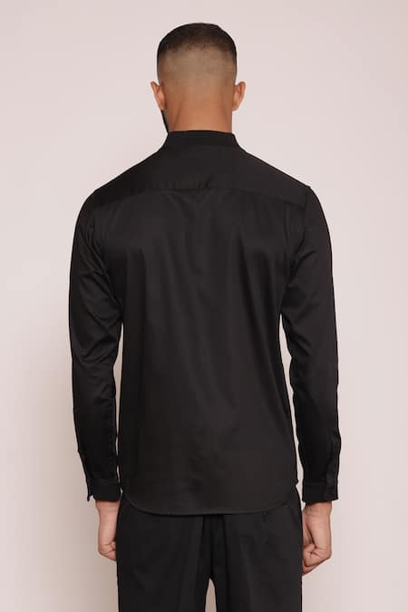 Shop_Lacquer Embassy_Black Cotton Satin Embroidered Rose Shirt _at_Aza_Fashions