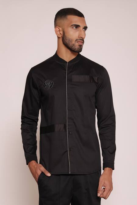 Lacquer Embassy_Black Cotton Satin Embroidered Rose Shirt _Online_at_Aza_Fashions