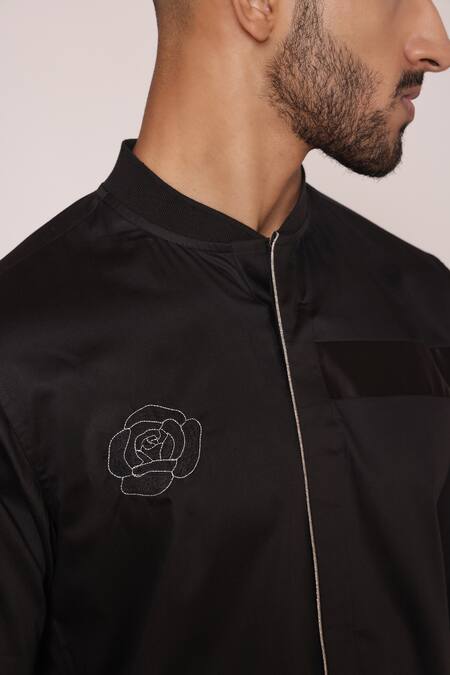 Lacquer Embassy_Black Cotton Satin Embroidered Rose Shirt _at_Aza_Fashions