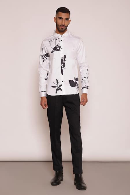 Lacquer Embassy White Cotton Satin Printed Leaf Motif Bliss Shirt 