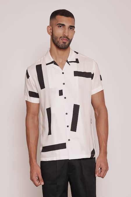 Lacquer Embassy Ivory Rayon Abstract Motif Print Camp Collar Half Sleeve Shirt Online at Aza Fashions Lacquer Embassy_Ivory Rayon Abstract Motif Print Camp Collar Half Sleeve Shirt _Online_at_Aza_Fashions
