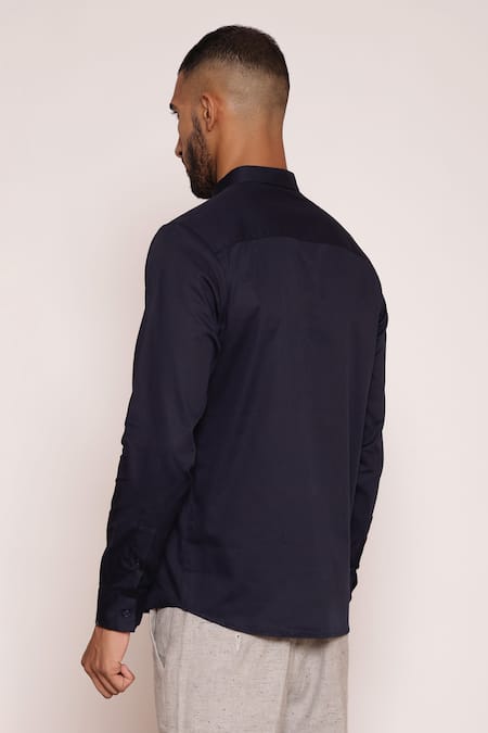 Shop Lacquer Embassy Navy Rayon Textured Color Blocked Collared Shirt at Aza Fashions Shop_Lacquer Embassy_Navy Rayon Textured Color Blocked Collared Shirt _at_Aza_Fashions